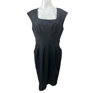 Ann Taylor Black Short Cap Sleeve Square Neck Pleated Mini Sheath Dress Size 10